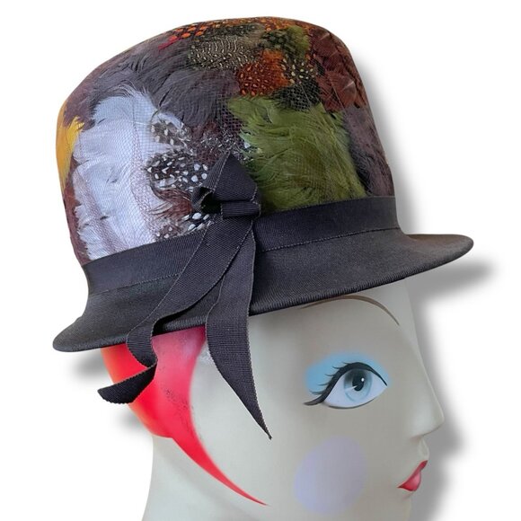 Vintage 1960s Womens Pheasant Feather Hat Angel Designs Brown Wool Dress Toque - Picture 14 of 16